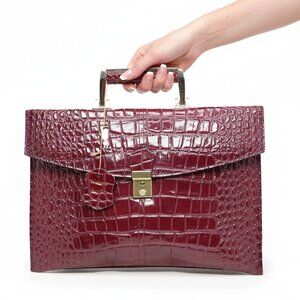 Vintage Croco Grain Leather Briefcase Bag Top-Handle Locking Front Oxblood